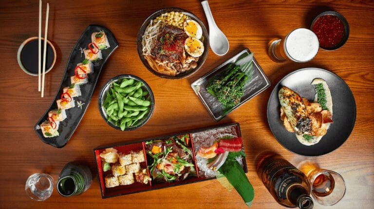 Roka Akor meal and drink spread